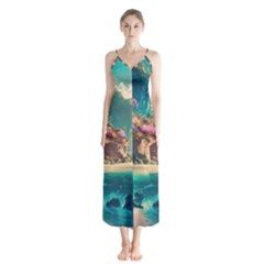 Tropical Island Fantasy Landscape Palm Trees Ocean Button Up Chiffon Maxi Dress by Pakemis