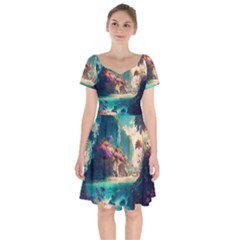 Tropical Island Fantasy Landscape Palm Trees Ocean Short Sleeve Bardot Dress by Pakemis