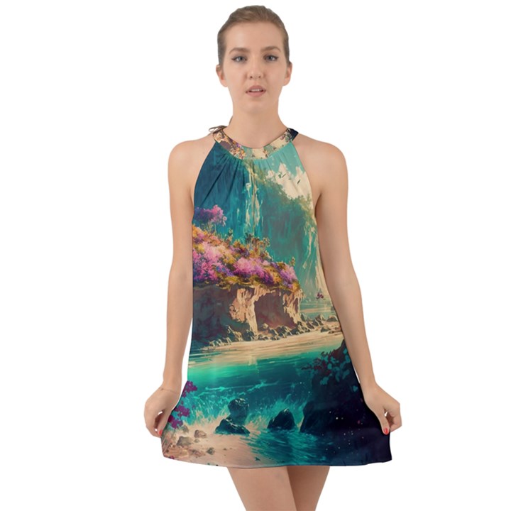 Tropical Island Fantasy Landscape Palm Trees Ocean Halter Tie Back Chiffon Dress