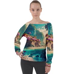 Tropical Island Fantasy Landscape Palm Trees Ocean Off Shoulder Long Sleeve Velour Top by Pakemis