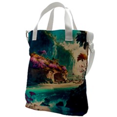 Tropical Island Fantasy Landscape Palm Trees Ocean Canvas Messenger Bag by Pakemis