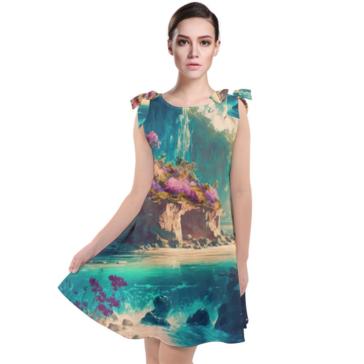 Tropical Island Fantasy Landscape Palm Trees Ocean Tie Up Tunic Dress