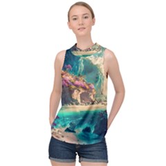 Tropical Island Fantasy Landscape Palm Trees Ocean High Neck Satin Top by Pakemis