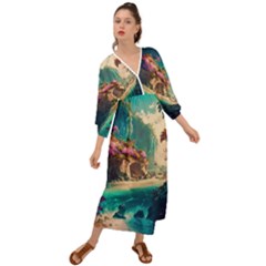 Tropical Island Fantasy Landscape Palm Trees Ocean Grecian Style  Maxi Dress by Pakemis