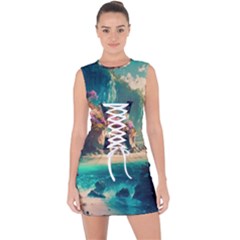 Tropical Island Fantasy Landscape Palm Trees Ocean Lace Up Front Bodycon Dress by Pakemis