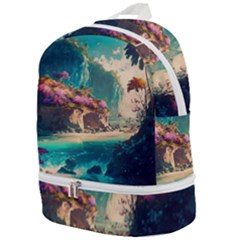 Tropical Island Fantasy Landscape Palm Trees Ocean Zip Bottom Backpack by Pakemis