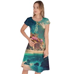 Tropical Island Fantasy Landscape Palm Trees Ocean Classic Short Sleeve Dress by Pakemis