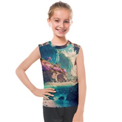 Tropical Island Fantasy Landscape Palm Trees Ocean Kids  Mesh Tank Top by Pakemis