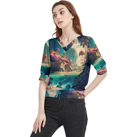 Tropical Island Fantasy Landscape Palm Trees Ocean Quarter Sleeve Blouse by Pakemis