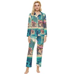 Tropical Island Fantasy Landscape Palm Trees Ocean Womens  Long Sleeve Velvet Pocket Pajamas Set