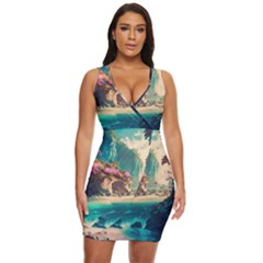 Tropical Island Fantasy Landscape Palm Trees Ocean Draped Bodycon Dress by Pakemis