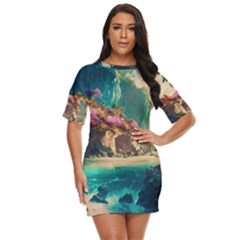 Tropical Island Fantasy Landscape Palm Trees Ocean Just Threw It On Dress by Pakemis