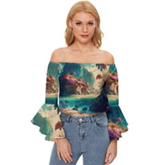 Tropical Island Fantasy Landscape Palm Trees Ocean Off Shoulder Flutter Bell Sleeve Top by Pakemis