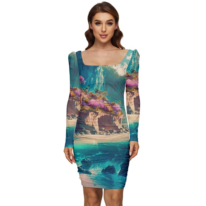 Tropical Island Fantasy Landscape Palm Trees Ocean Women Long Sleeve Ruched Stretch Jersey Dress