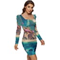 Tropical Island Fantasy Landscape Palm Trees Ocean Women Long Sleeve Ruched Stretch Jersey Dress View2