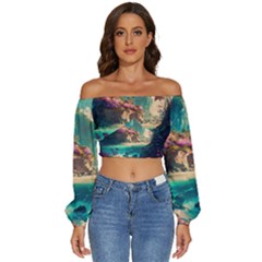 Tropical Island Fantasy Landscape Palm Trees Ocean Long Sleeve Crinkled Weave Crop Top