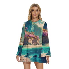 Tropical Island Fantasy Landscape Palm Trees Ocean Round Neck Long Sleeve Bohemian Style Chiffon Mini Dress by Pakemis