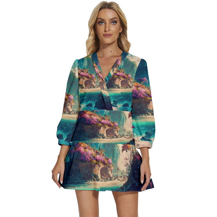 Tropical Island Fantasy Landscape Palm Trees Ocean V-Neck Placket Mini Dress