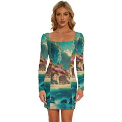 Tropical Island Fantasy Landscape Palm Trees Ocean Long Sleeve Square Neck Bodycon Velvet Dress by Pakemis