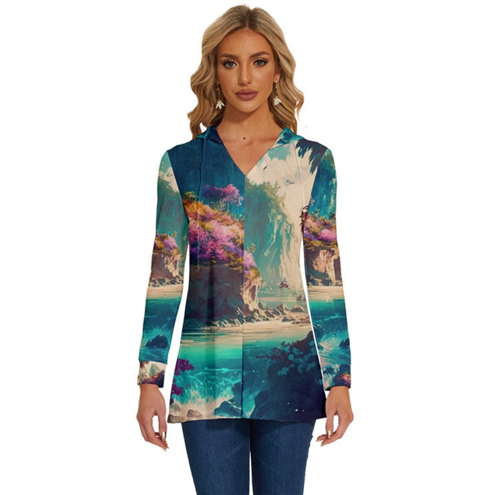 Tropical Island Fantasy Landscape Palm Trees Ocean Long Sleeve Drawstring Hooded Top