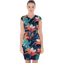 Tropical Flowers Floral Floral Pattern Patterns Capsleeve Drawstring Dress  by Pakemis