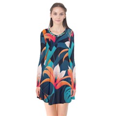 Tropical Flowers Floral Floral Pattern Patterns Long Sleeve V-neck Flare Dress by Pakemis