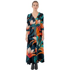 Tropical Flowers Floral Floral Pattern Patterns Button Up Boho Maxi Dress