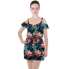 Tropical Flowers Floral Floral Pattern Patterns Ruffle Cut Out Chiffon Playsuit by Pakemis