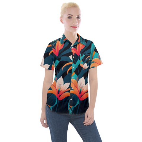 Tropical Flowers Floral Floral Pattern Patterns Women s Short Sleeve Pocket Shirt by Pakemis