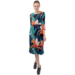 Tropical Flowers Floral Floral Pattern Patterns Ruffle End Midi Chiffon Dress