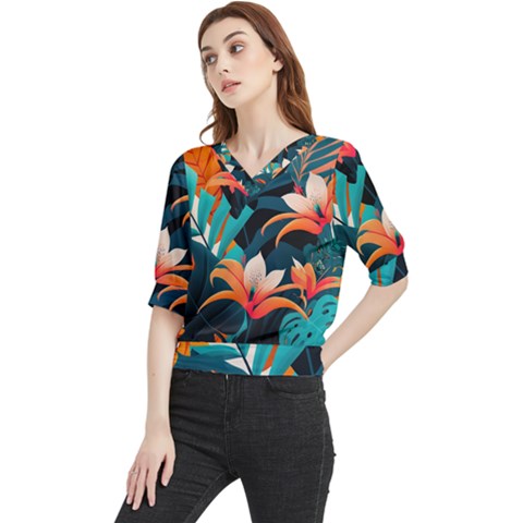 Tropical Flowers Floral Floral Pattern Patterns Quarter Sleeve Blouse by Pakemis