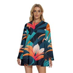 Tropical Flowers Floral Floral Pattern Patterns Round Neck Long Sleeve Bohemian Style Chiffon Mini Dress