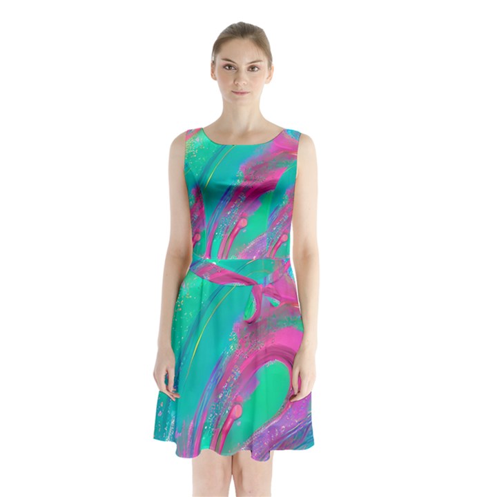 Fluid Art Background Sleeveless Waist Tie Chiffon Dress