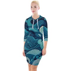 Waves Ocean Sea Abstract Whimsical Abstract Art Quarter Sleeve Hood Bodycon Dress by Pakemis