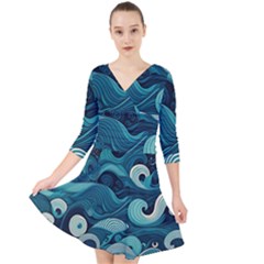 Waves Ocean Sea Abstract Whimsical Abstract Art Quarter Sleeve Front Wrap Dress by Pakemis