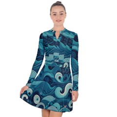 Waves Ocean Sea Abstract Whimsical Abstract Art Long Sleeve Panel Dress by Pakemis