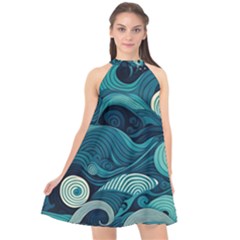 Waves Ocean Sea Abstract Whimsical Abstract Art Halter Neckline Chiffon Dress  by Pakemis