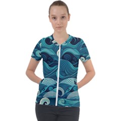 Waves Ocean Sea Abstract Whimsical Abstract Art Short Sleeve Zip Up Jacket by Pakemis