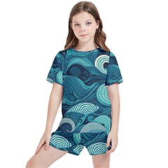 Waves Ocean Sea Abstract Whimsical Abstract Art Kids  Tee And Sports Shorts Set by Pakemis