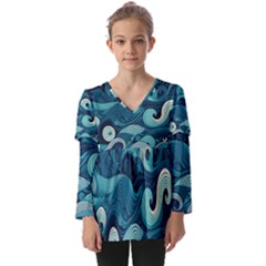 Waves Ocean Sea Abstract Whimsical Abstract Art Kids  V Neck Casual Top by Pakemis