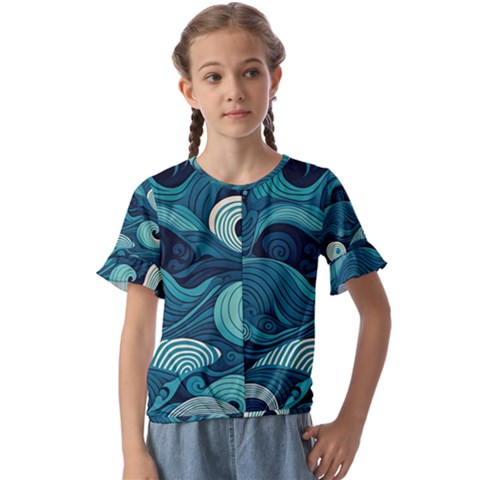 Waves Ocean Sea Abstract Whimsical Abstract Art Kids  Cuff Sleeve Scrunch Bottom Tee by Pakemis