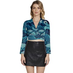 Waves Ocean Sea Abstract Whimsical Abstract Art Long Sleeve Tie Back Satin Wrap Top