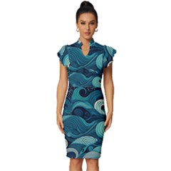 Waves Ocean Sea Abstract Whimsical Abstract Art Vintage Frill Sleeve V-neck Bodycon Dress by Pakemis