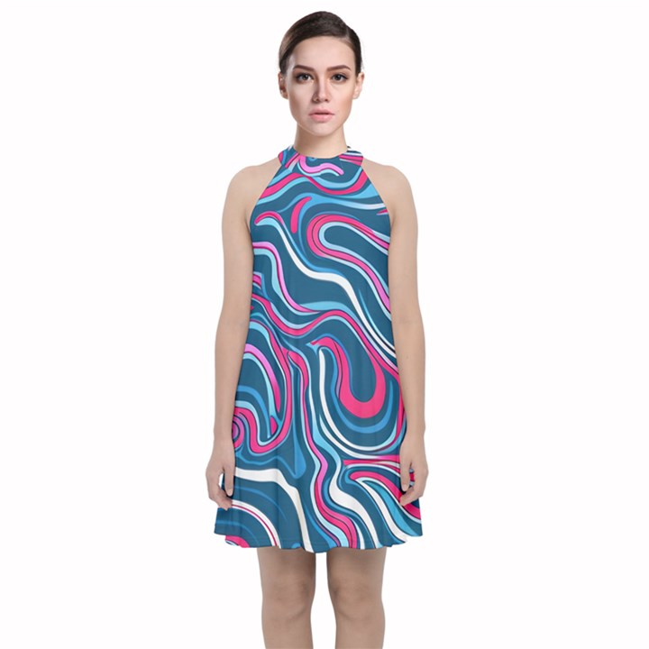 Liquid Art Pattern Velvet Halter Neckline Dress 