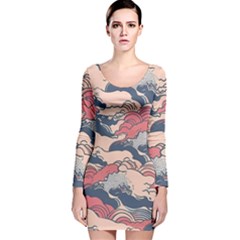 Waves Ocean Sea Water Pattern Rough Seas Long Sleeve Velvet Bodycon Dress by Pakemis