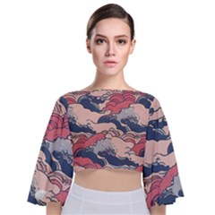 Waves Ocean Sea Water Pattern Rough Seas Tie Back Butterfly Sleeve Chiffon Top by Pakemis