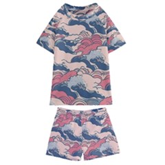 Waves Ocean Sea Water Pattern Rough Seas Kids  Swim Tee And Shorts Set by Pakemis