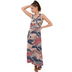 Waves Ocean Sea Water Pattern Rough Seas V-neck Chiffon Maxi Dress by Pakemis