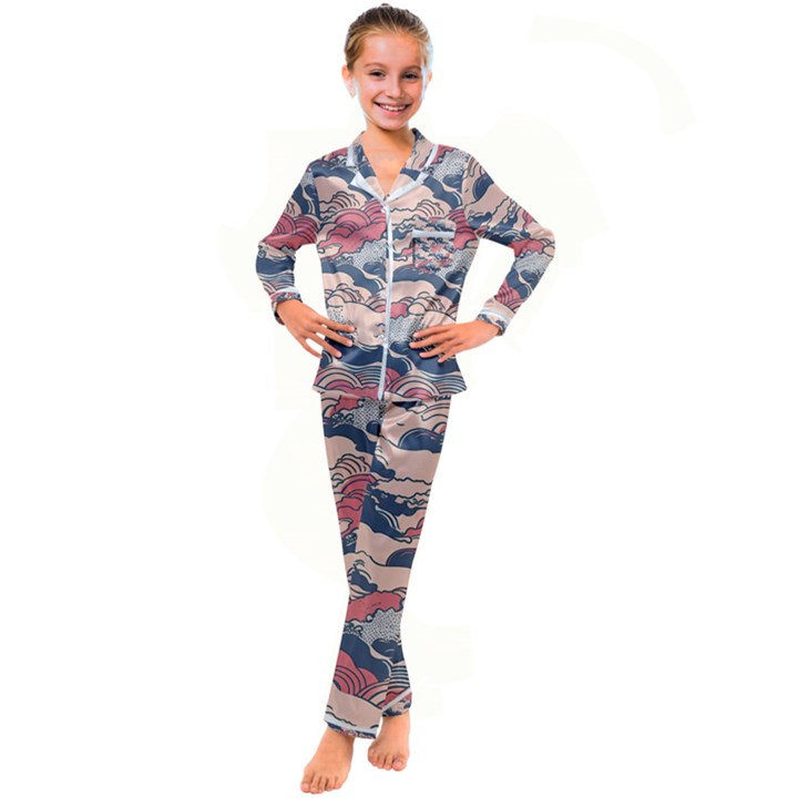 Waves Ocean Sea Water Pattern Rough Seas Kid s Satin Long Sleeve Pajamas Set