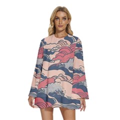 Waves Ocean Sea Water Pattern Rough Seas Round Neck Long Sleeve Bohemian Style Chiffon Mini Dress